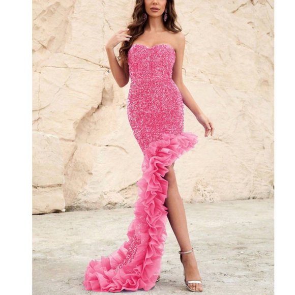 Glam Barbie Ruffle Trim Split Thigh Sequin Tube Formal Dress Pink - Picture 8 of 8